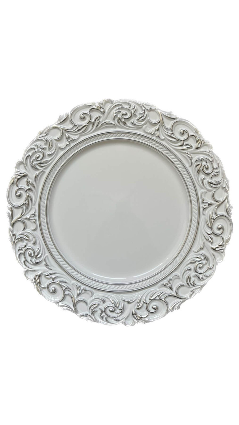 Bielo strieborný tanier s ornamentom 35 cm