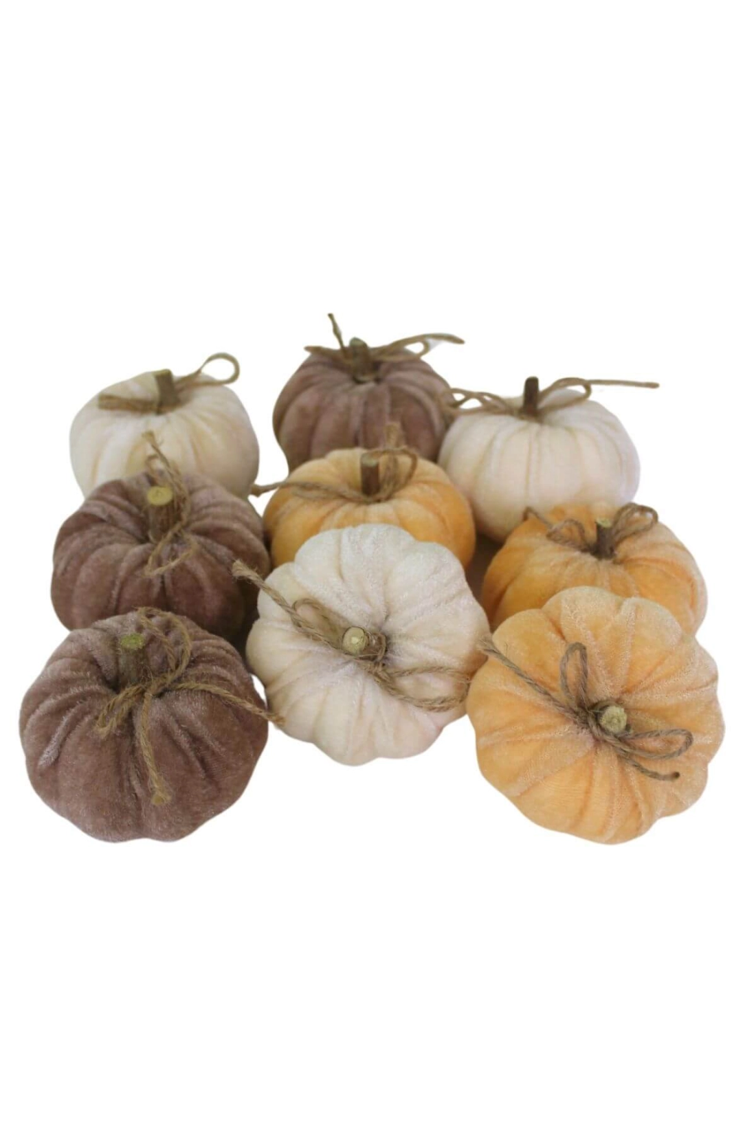 Zamatov&eacute;  kr&eacute;movo-hned&eacute; dekoračn&eacute; tekvičky 9ks 8cm